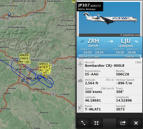 Posnetek iz aplikacije Flightradar24 Posnetek iz aplikacije Flightradar24