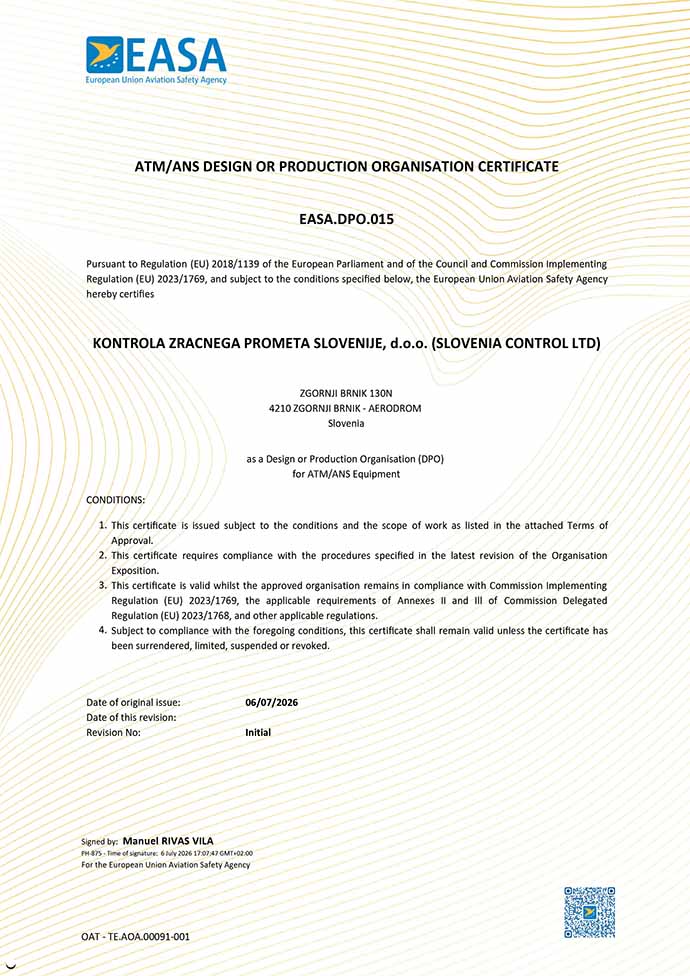 certifikat Design and Production Organisation (DPO), ki ga izdaja EASA.